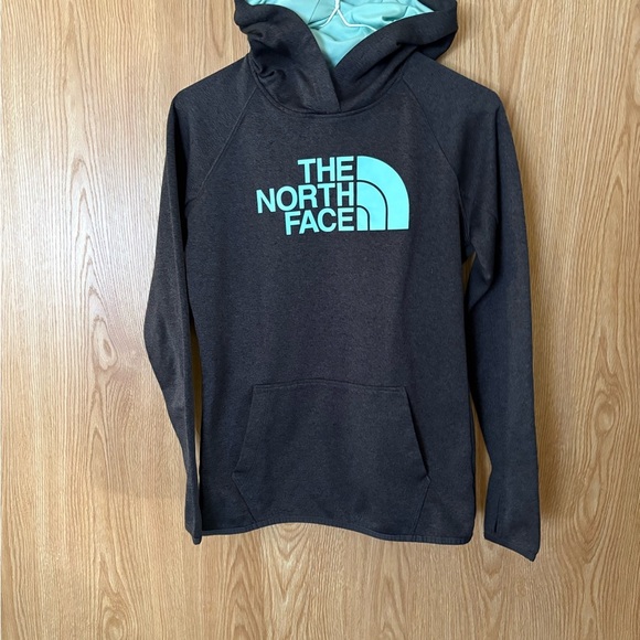 The North Face Logo Black and Teal Pullover Hoodie Sweatshirt - Picture 2 of 5